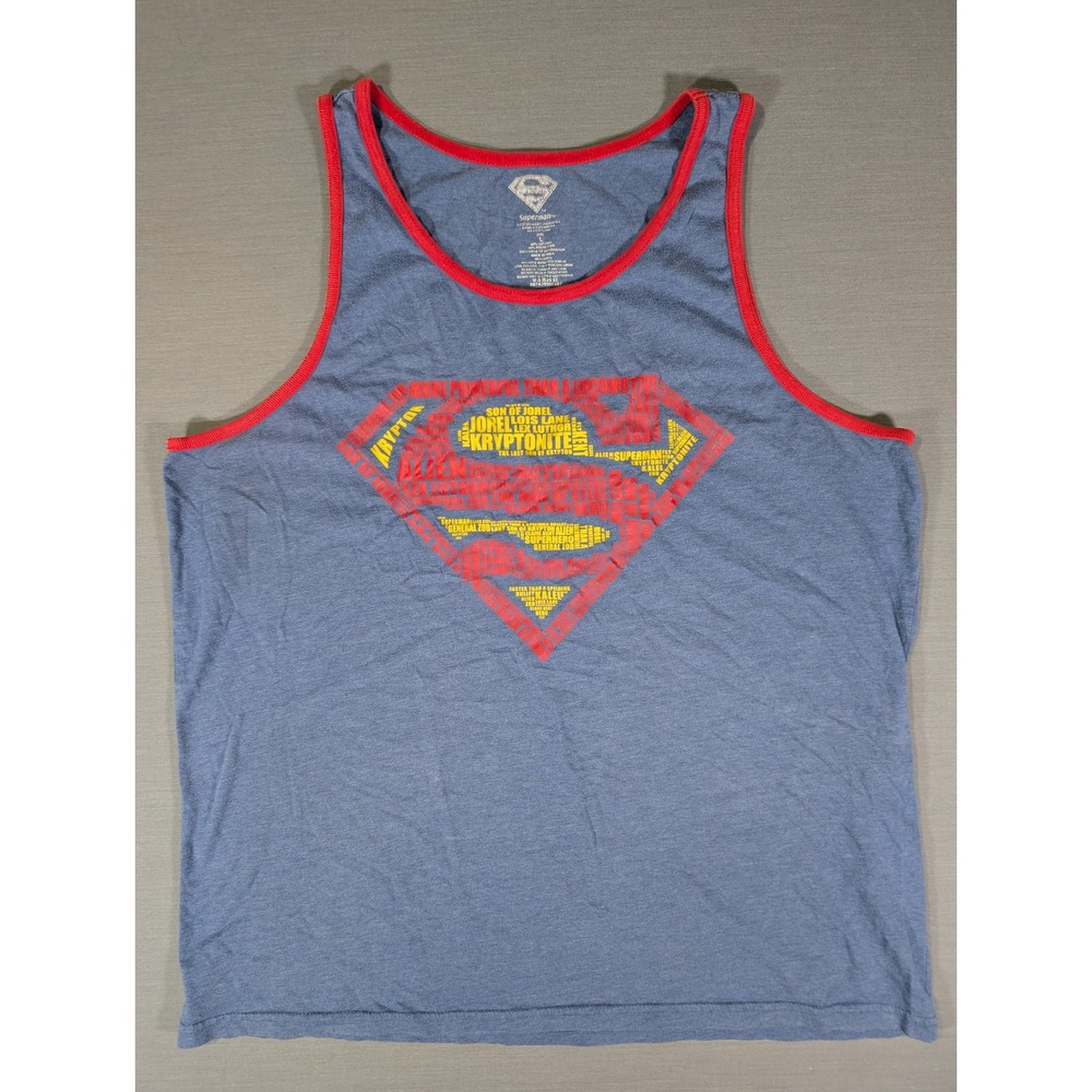 Superman Graphic Tank Top Blue Heather Red Trim Word Cloud Shield Mens Large